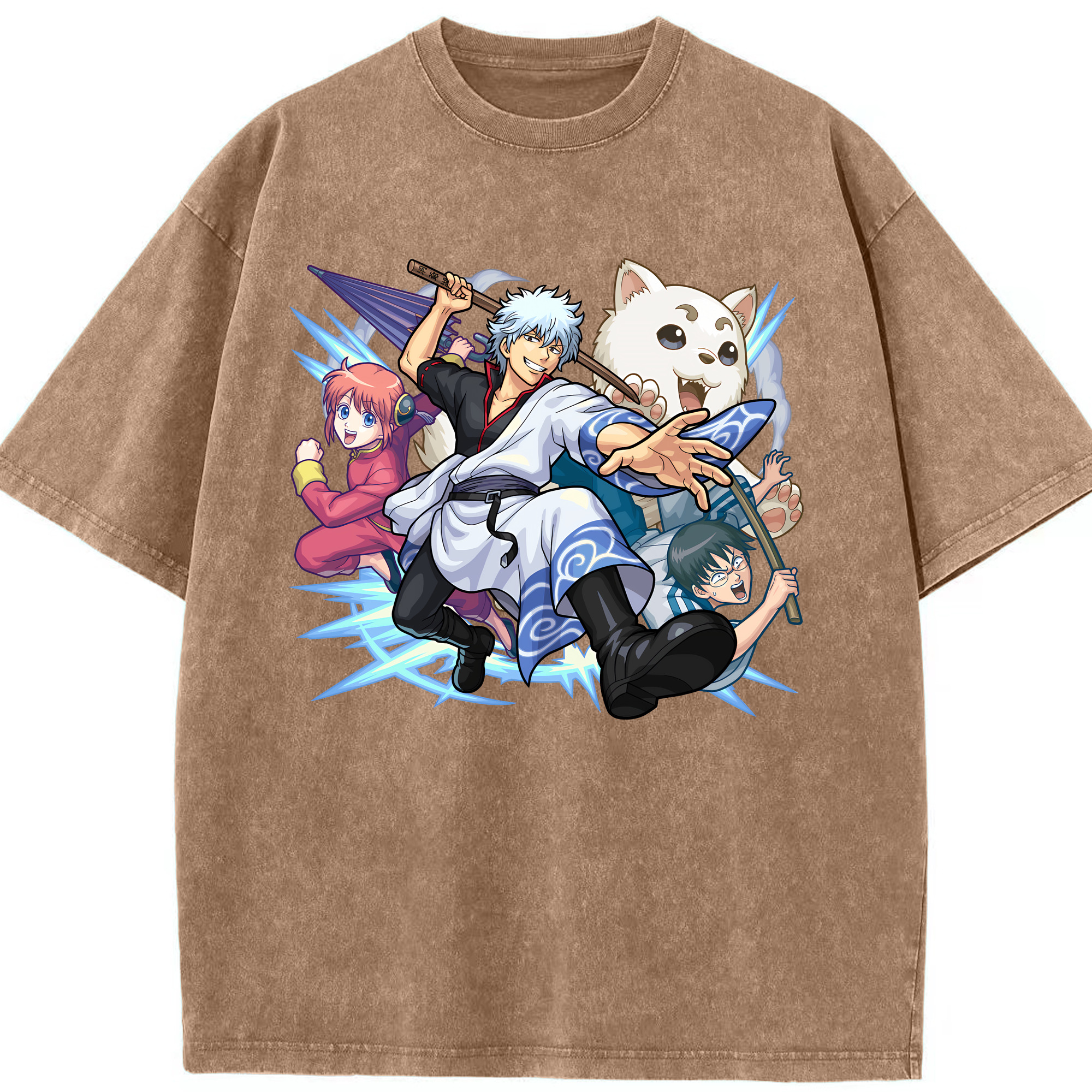 （画像用） ぎんたま 坂田銀時（さかたぎんとき） 神楽 志村新八（しむら しんぱち） GINTAMA Sakata Gintoki Kagura Shimura Shinpachi 綿100% ヴィンテージ風 半袖Tシャツ（フロントプリント）