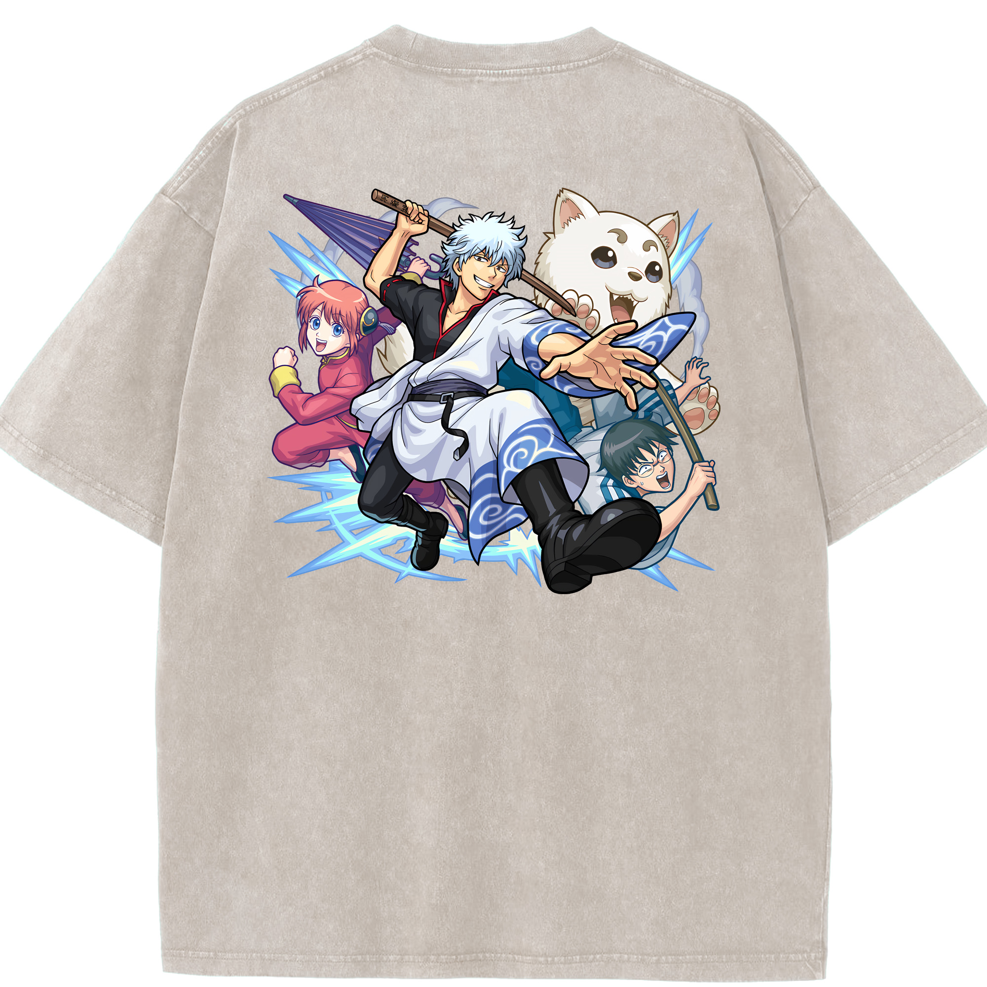 （画像用） ぎんたま 坂田銀時（さかたぎんとき） 神楽 志村新八（しむら しんぱち） GINTAMA Sakata Gintoki Kagura Shimura Shinpachi 綿100% ヴィンテージ風 半袖Tシャツ（背面プリント）