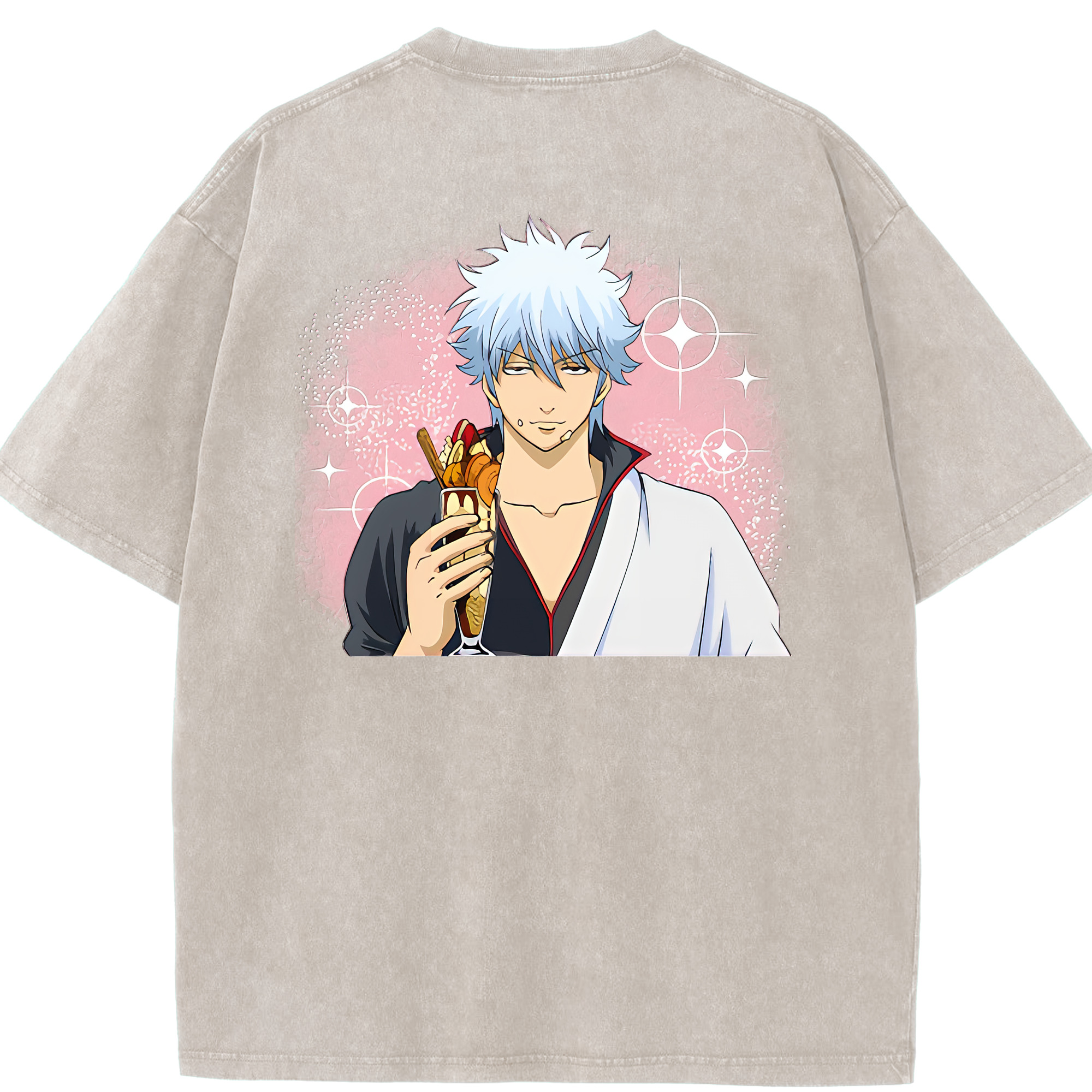 （画像用） ぎんたま 坂田銀時（さかたぎんとき） 神楽 志村新八（しむら しんぱち） GINTAMA Sakata Gintoki Kagura Shimura Shinpachi 綿100% ヴィンテージ風 半袖Tシャツ（背面プリント）