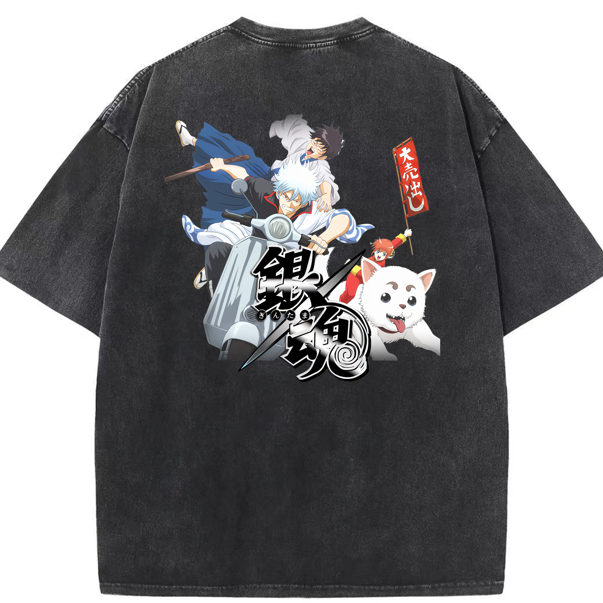 （画像用） ぎんたま 坂田銀時（さかたぎんとき） 神楽 志村新八（しむら しんぱち） GINTAMA Sakata Gintoki Kagura Shimura Shinpachi 綿100% ヴィンテージ風 半袖Tシャツ（背面プリント）