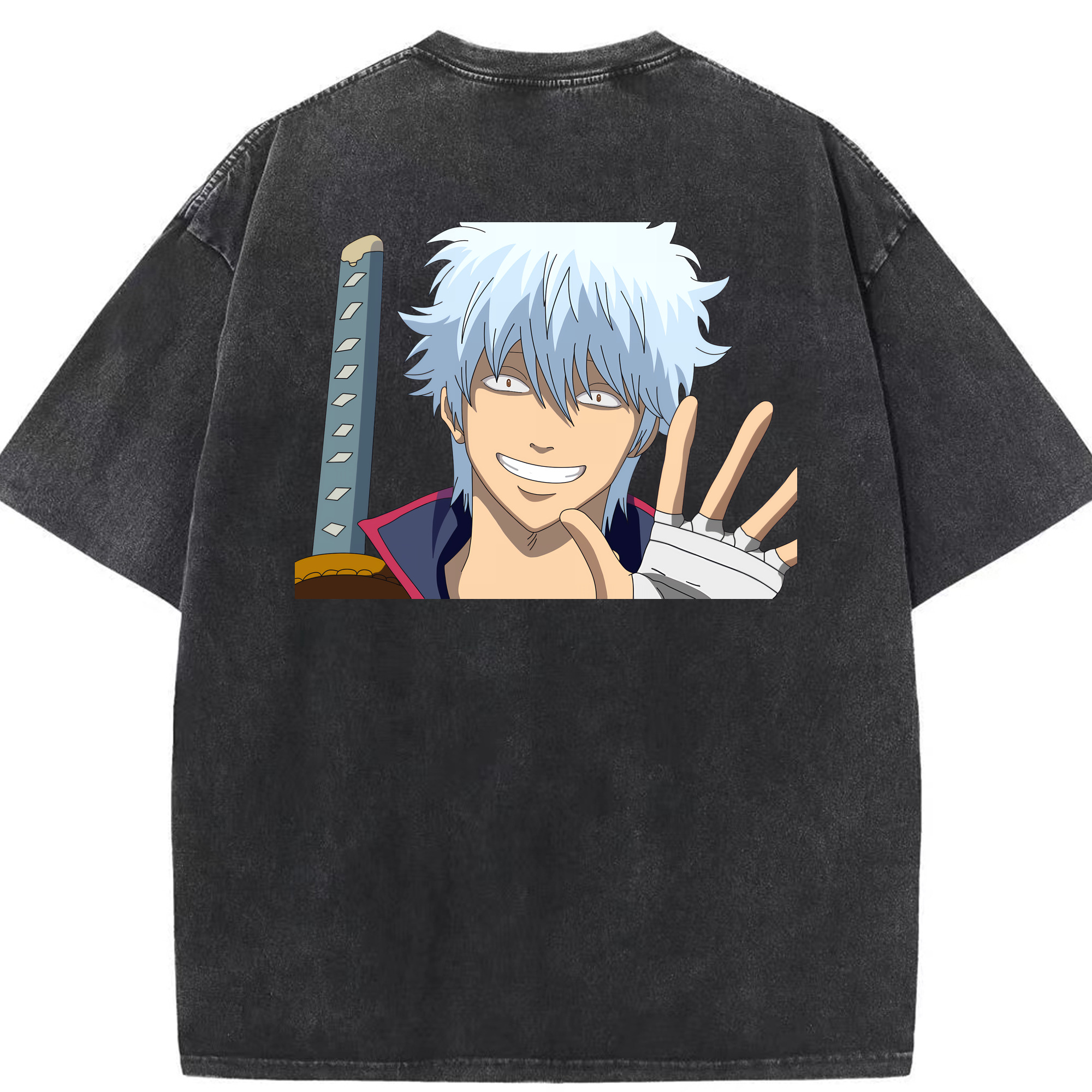 （画像用） ぎんたま 坂田銀時（さかたぎんとき） 神楽 志村新八（しむら しんぱち） GINTAMA Sakata Gintoki Kagura Shimura Shinpachi 綿100% ヴィンテージ風 半袖Tシャツ（背面プリント）