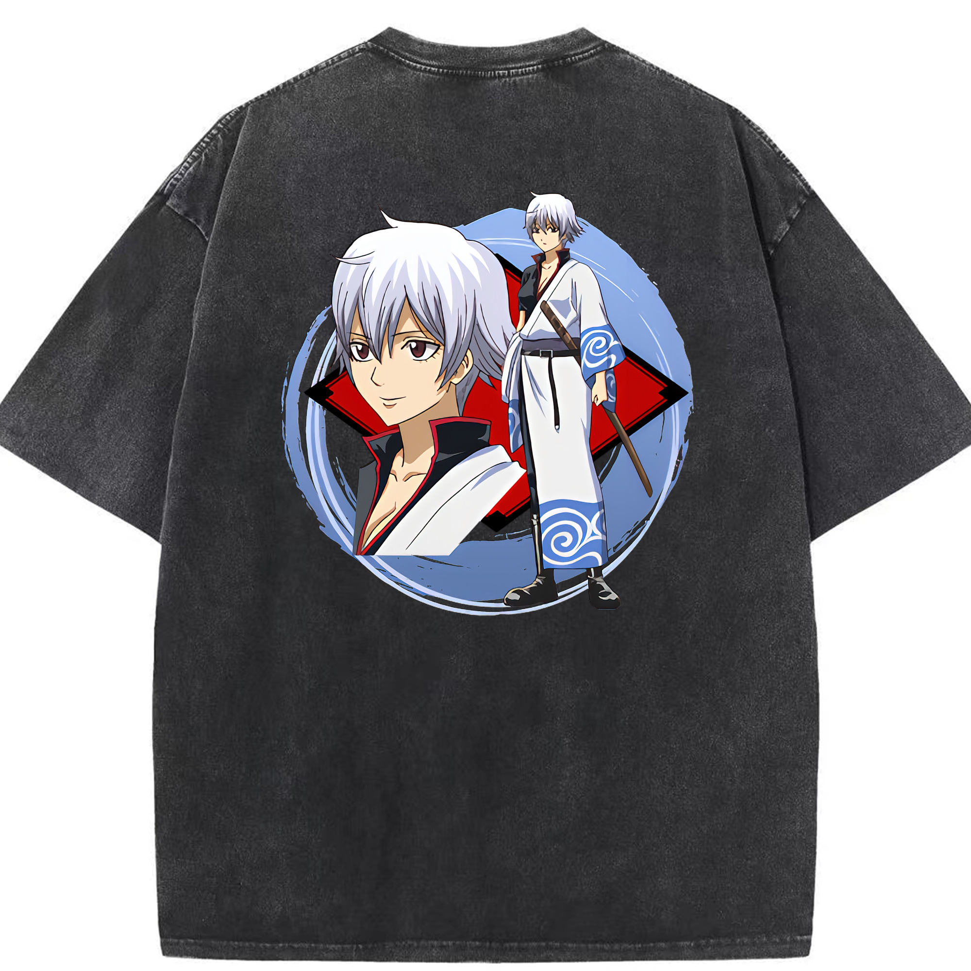 （画像用） ぎんたま 坂田銀時（さかたぎんとき） 神楽 志村新八（しむら しんぱち） GINTAMA Sakata Gintoki Kagura Shimura Shinpachi 綿100% ヴィンテージ風 半袖Tシャツ（背面プリント）