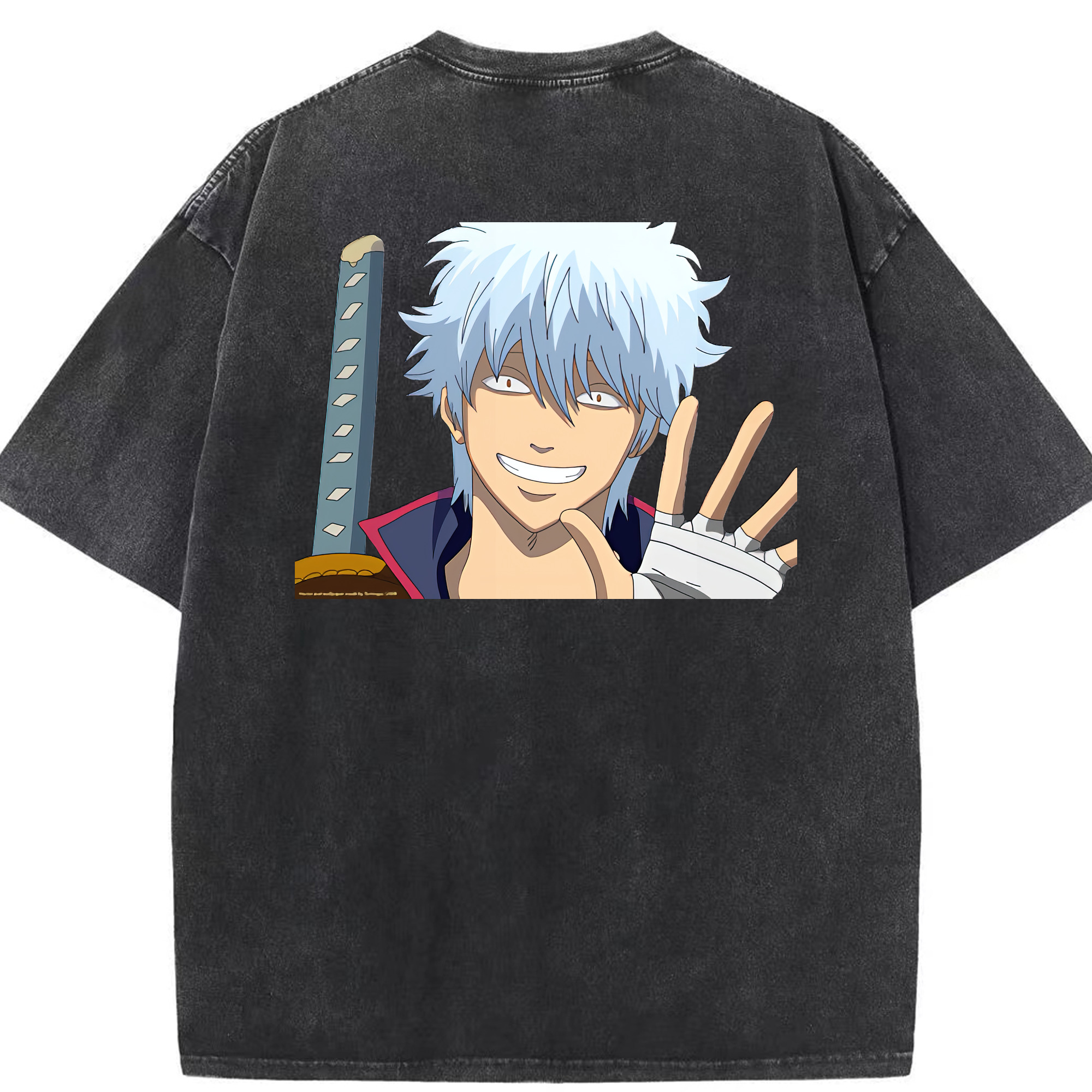 （画像用） ぎんたま 坂田銀時（さかたぎんとき） 神楽 志村新八（しむら しんぱち） GINTAMA Sakata Gintoki Kagura Shimura Shinpachi 綿100% ヴィンテージ風 半袖Tシャツ（背面プリント）