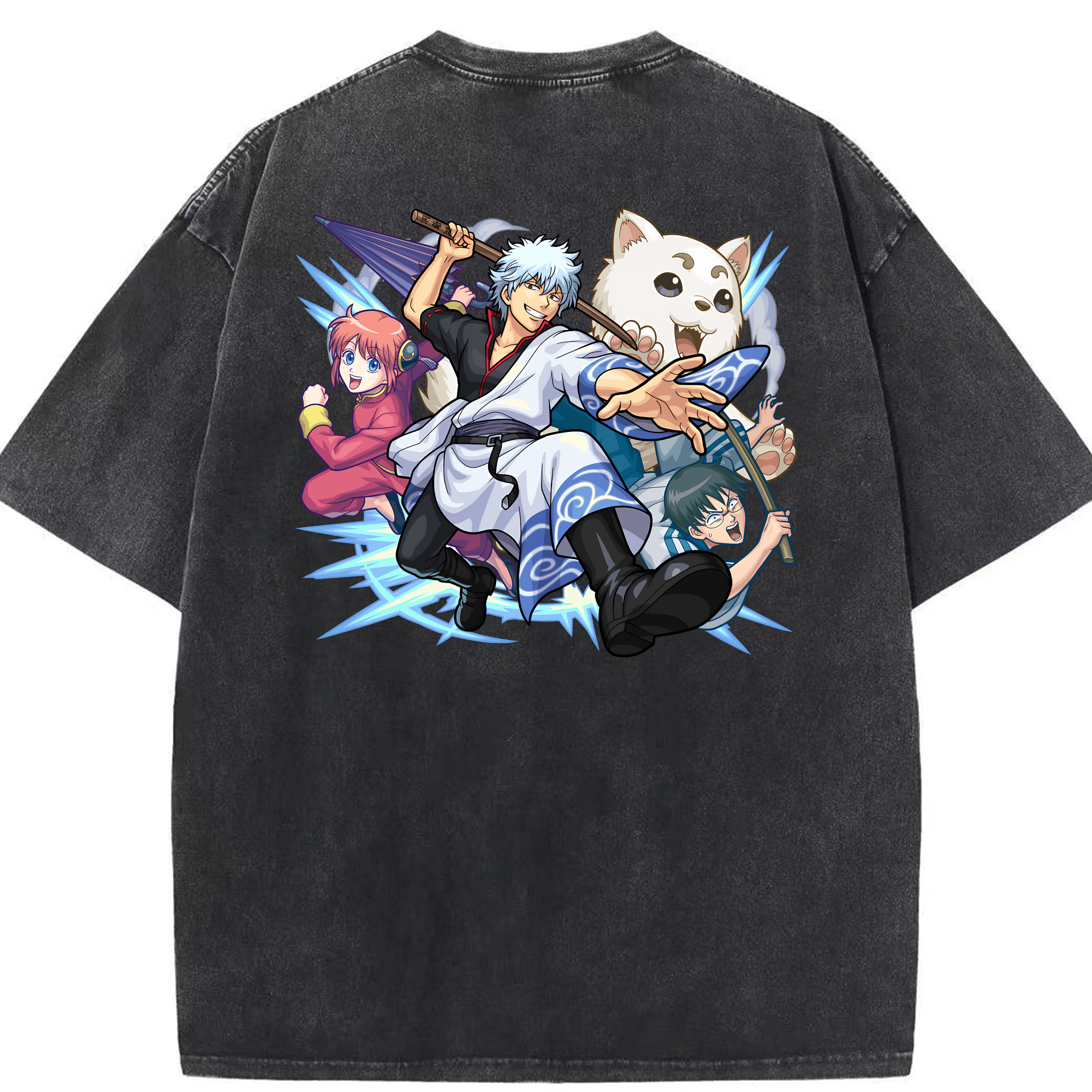 （画像用） ぎんたま 坂田銀時（さかたぎんとき） 神楽 志村新八（しむら しんぱち） GINTAMA Sakata Gintoki Kagura Shimura Shinpachi 綿100% ヴィンテージ風 半袖Tシャツ（背面プリント）