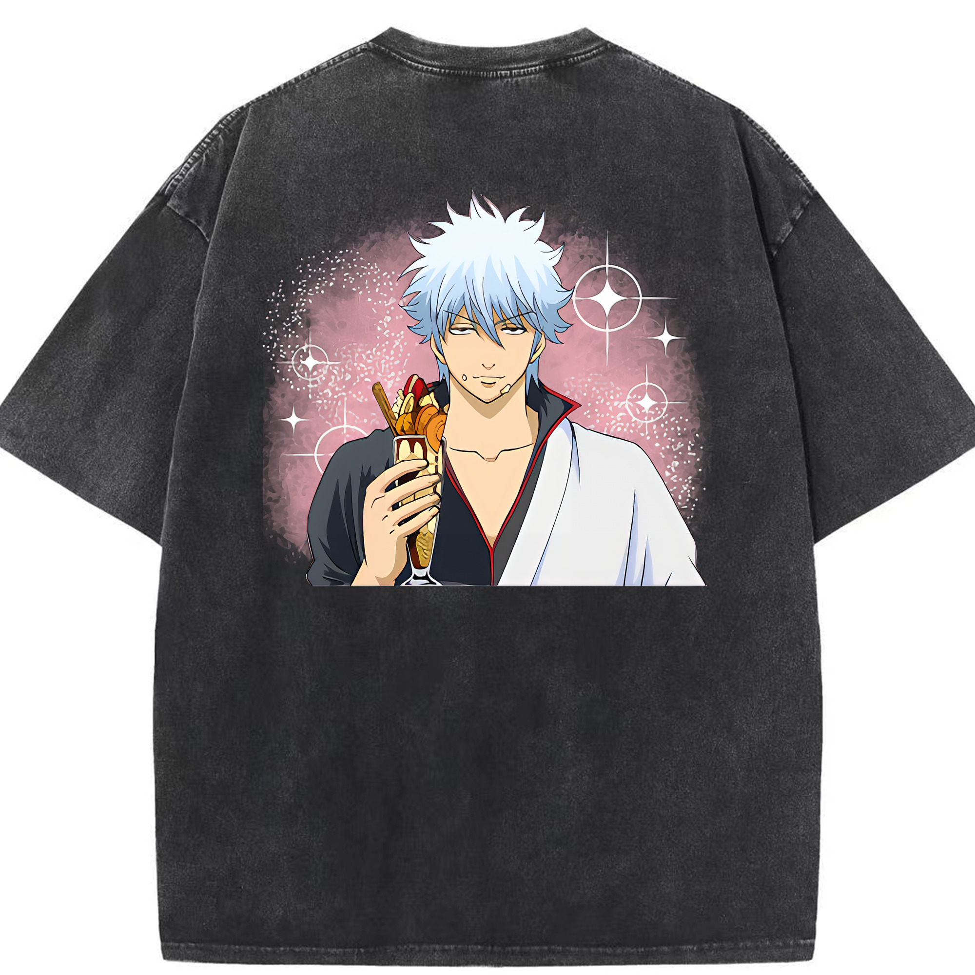 （画像用） ぎんたま 坂田銀時（さかたぎんとき） 神楽 志村新八（しむら しんぱち） GINTAMA Sakata Gintoki Kagura Shimura Shinpachi 綿100% ヴィンテージ風 半袖Tシャツ（背面プリント）