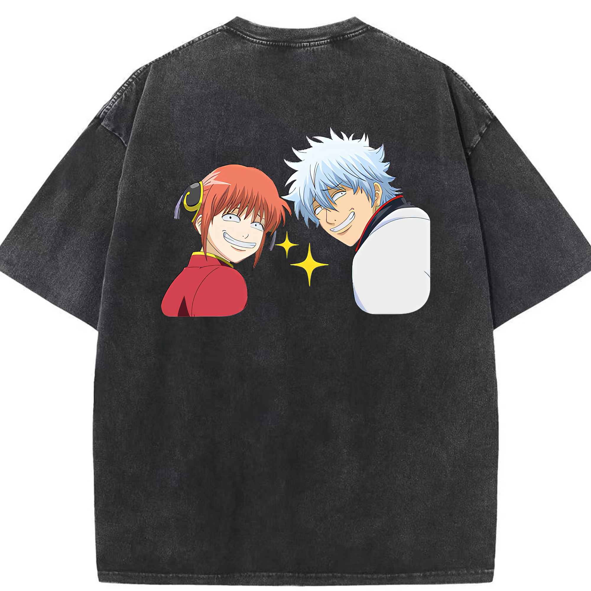（画像用） ぎんたま 坂田銀時（さかたぎんとき） 神楽 志村新八（しむら しんぱち） GINTAMA Sakata Gintoki Kagura Shimura Shinpachi 綿100% ヴィンテージ風 半袖Tシャツ（背面プリント）