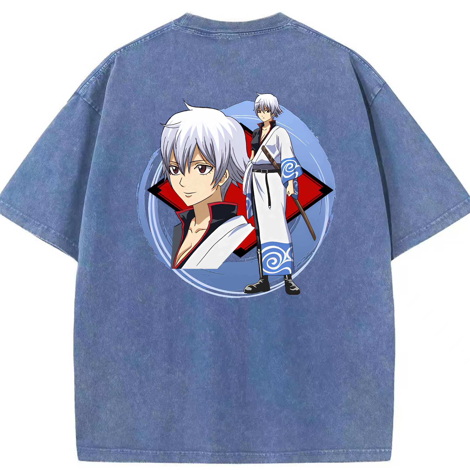 （画像用） ぎんたま 坂田銀時（さかたぎんとき） 神楽 志村新八（しむら しんぱち） GINTAMA Sakata Gintoki Kagura Shimura Shinpachi 綿100% ヴィンテージ風 半袖Tシャツ（背面プリント）