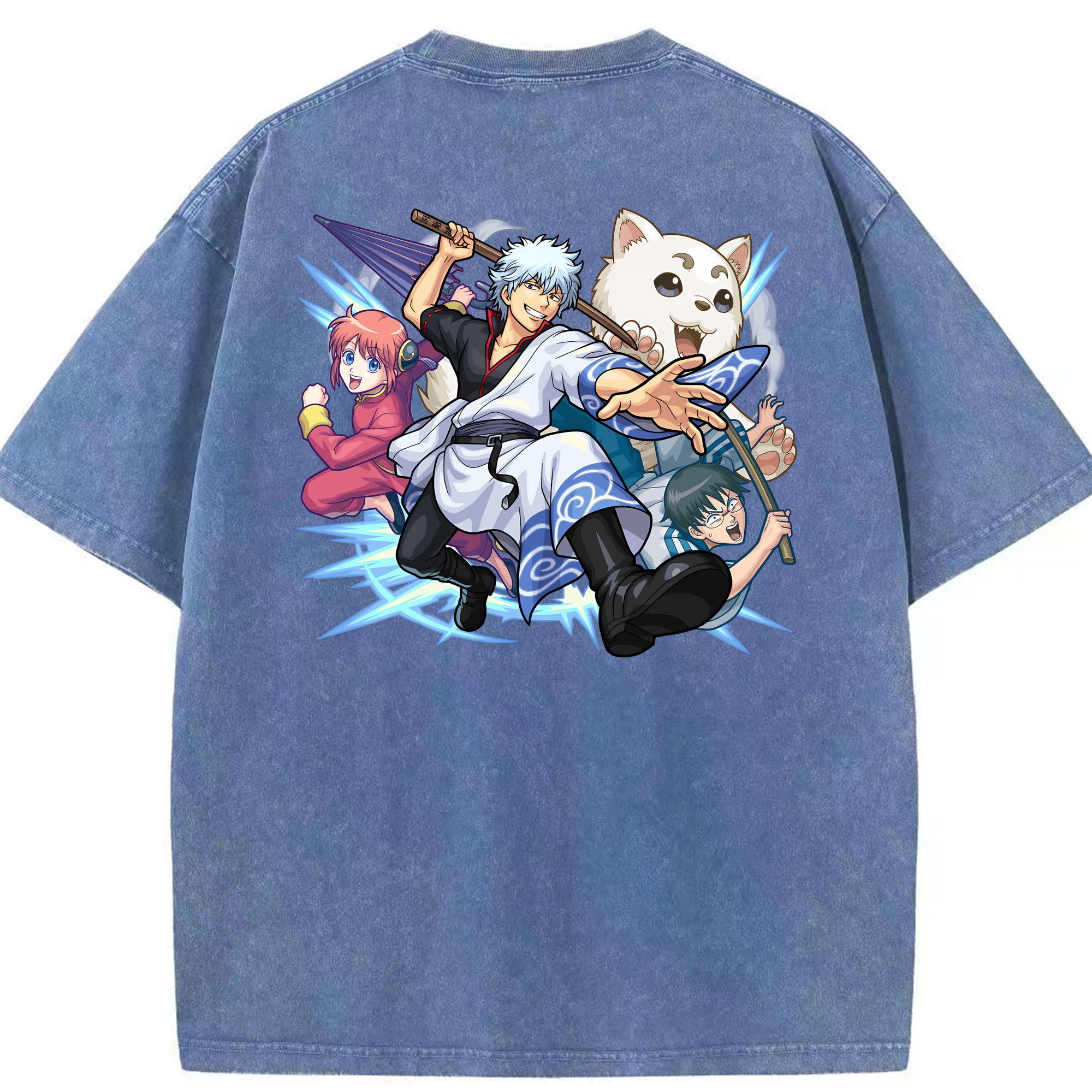 （画像用） ぎんたま 坂田銀時（さかたぎんとき） 神楽 志村新八（しむら しんぱち） GINTAMA Sakata Gintoki Kagura Shimura Shinpachi 綿100% ヴィンテージ風 半袖Tシャツ（背面プリント）