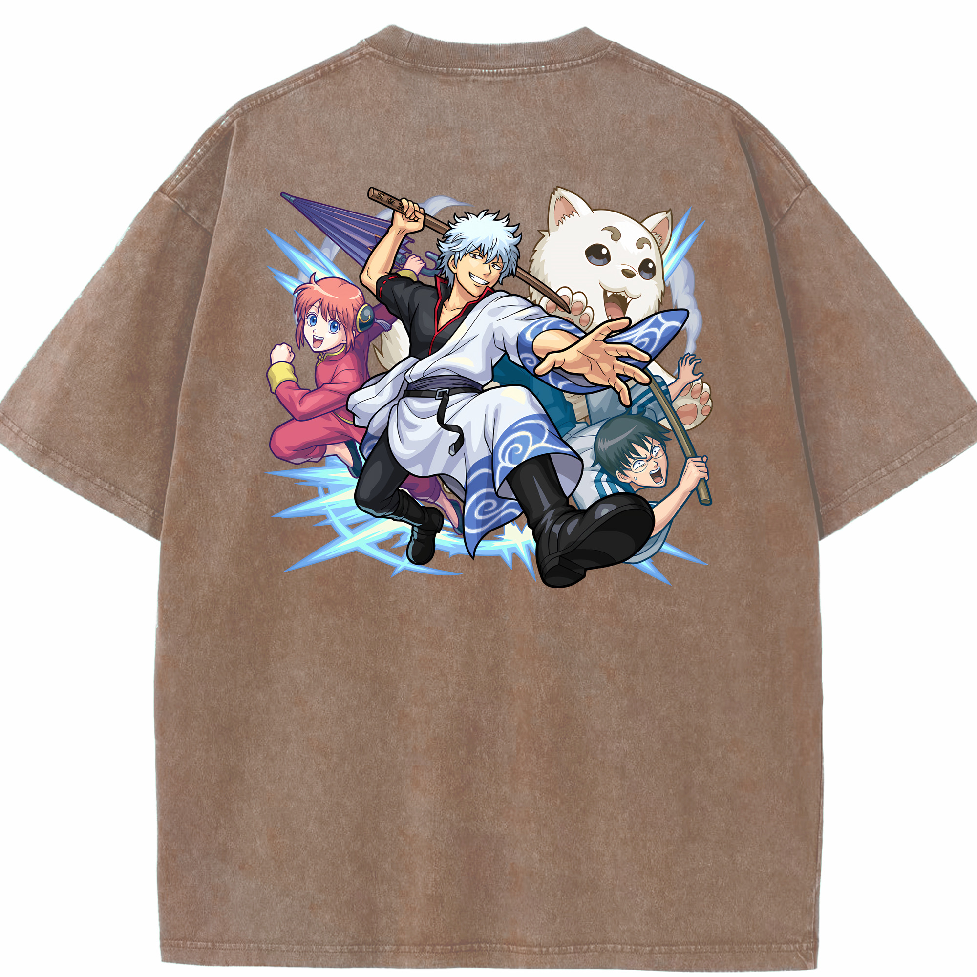 （画像用） ぎんたま 坂田銀時（さかたぎんとき） 神楽 志村新八（しむら しんぱち） GINTAMA Sakata Gintoki Kagura Shimura Shinpachi 綿100% ヴィンテージ風 半袖Tシャツ（背面プリント）