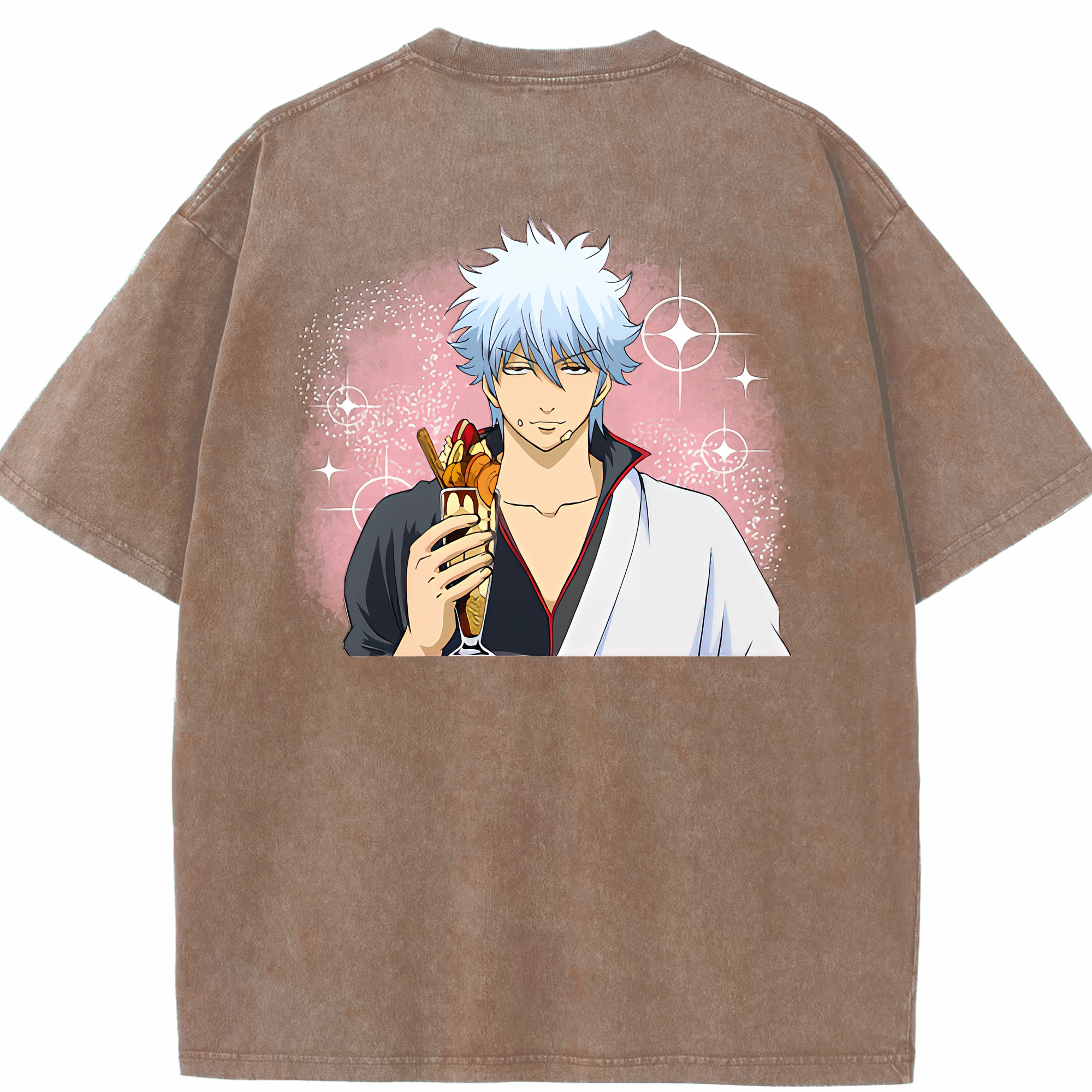 （画像用） ぎんたま 坂田銀時（さかたぎんとき） 神楽 志村新八（しむら しんぱち） GINTAMA Sakata Gintoki Kagura Shimura Shinpachi 綿100% ヴィンテージ風 半袖Tシャツ（背面プリント）