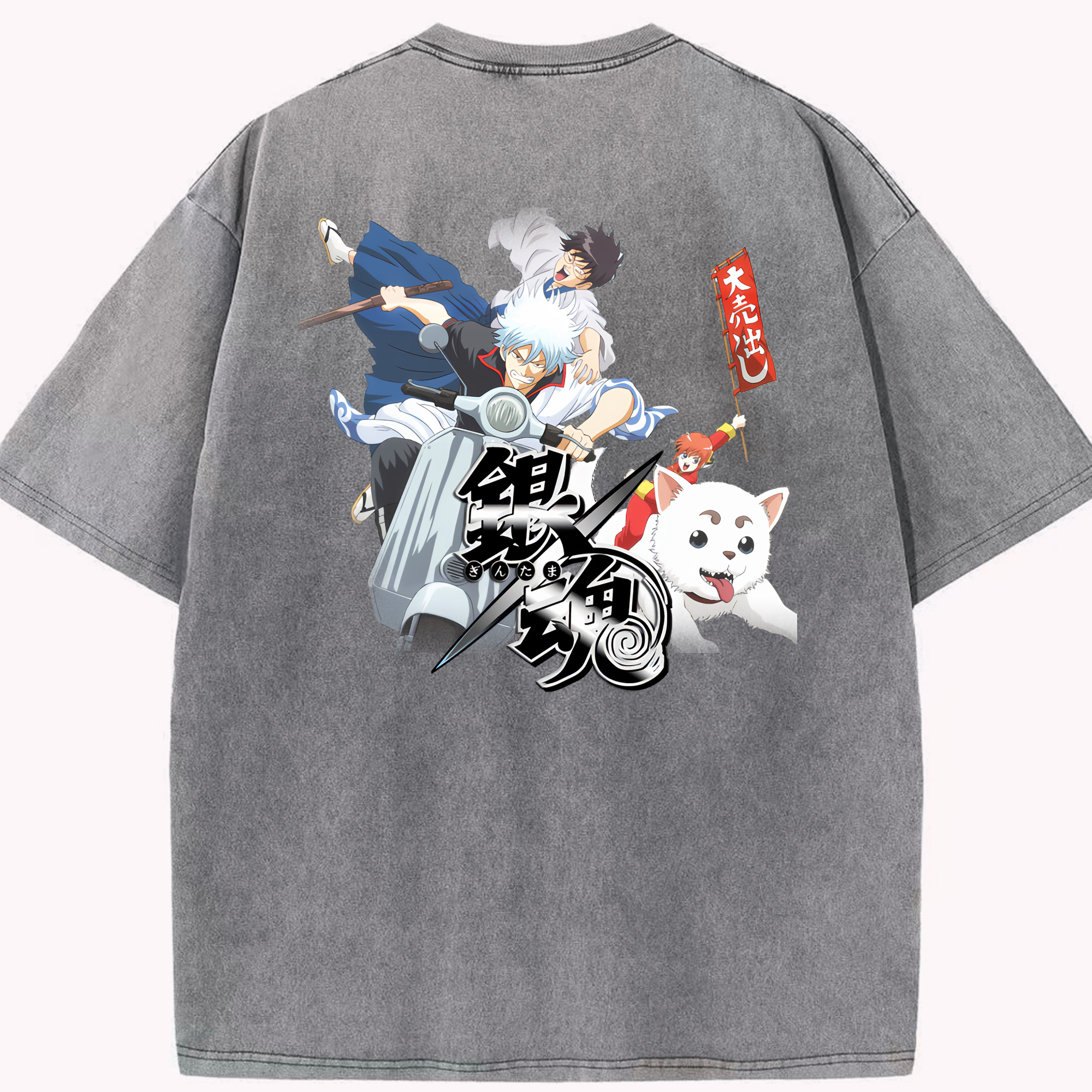 （画像用） ぎんたま 坂田銀時（さかたぎんとき） 神楽 志村新八（しむら しんぱち） GINTAMA Sakata Gintoki Kagura Shimura Shinpachi 綿100% ヴィンテージ風 半袖Tシャツ（背面プリント）