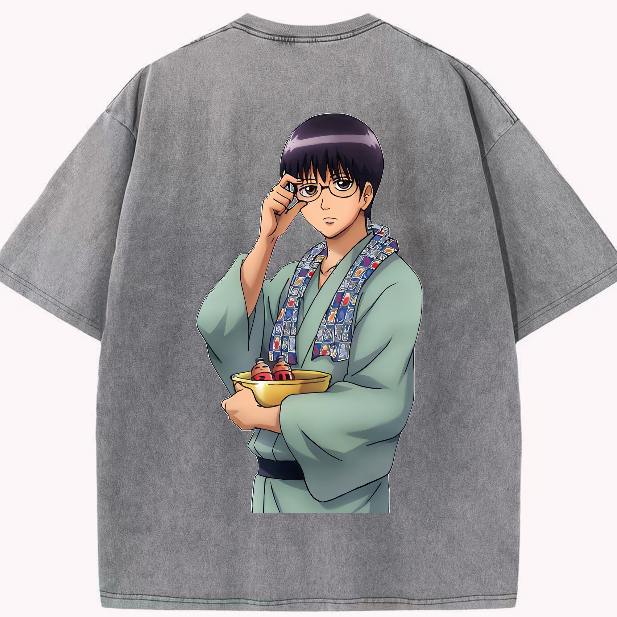 （画像用） ぎんたま 坂田銀時（さかたぎんとき） 神楽 志村新八（しむら しんぱち） GINTAMA Sakata Gintoki Kagura Shimura Shinpachi 綿100% ヴィンテージ風 半袖Tシャツ（背面プリント）