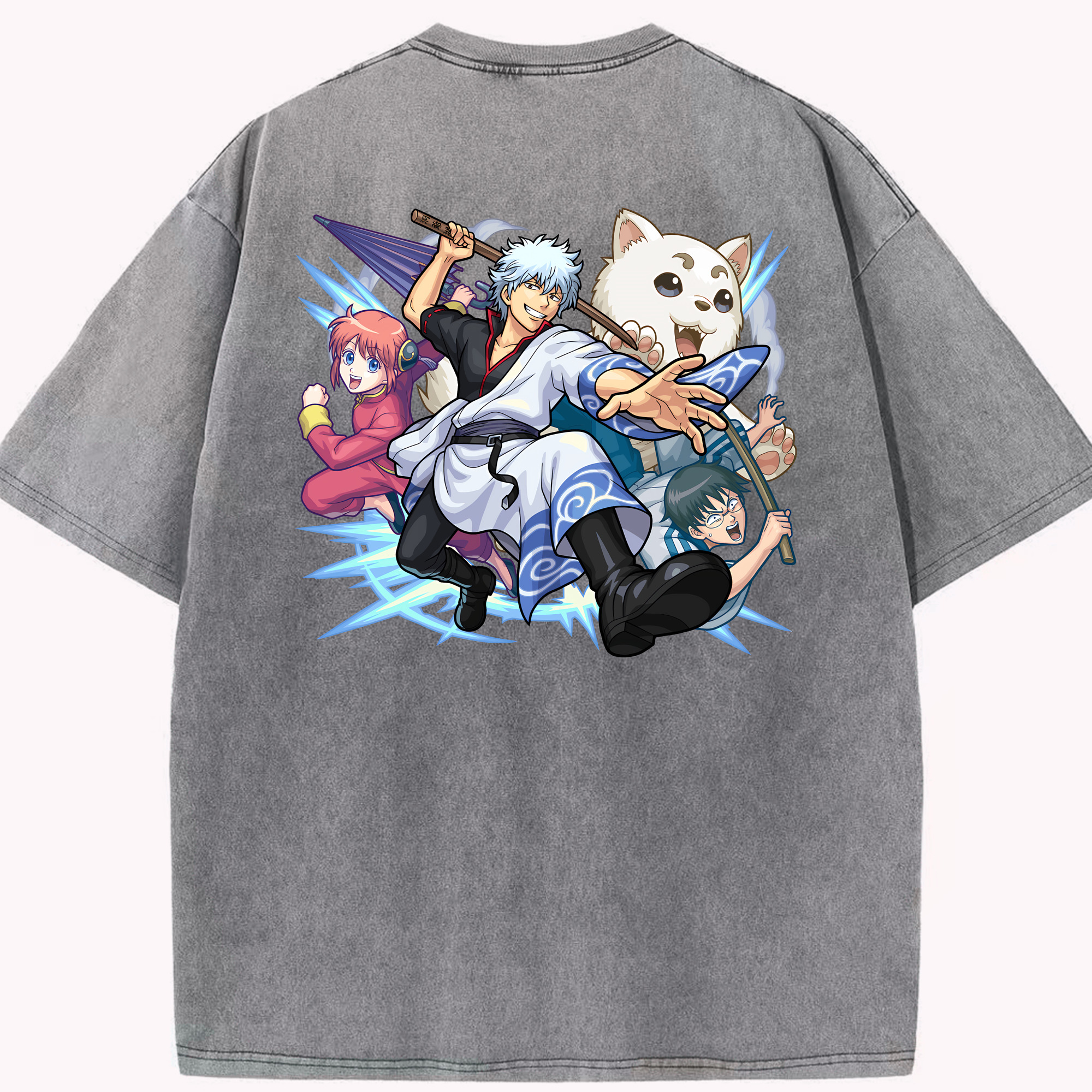 （画像用） ぎんたま 坂田銀時（さかたぎんとき） 神楽 志村新八（しむら しんぱち） GINTAMA Sakata Gintoki Kagura Shimura Shinpachi 綿100% ヴィンテージ風 半袖Tシャツ（背面プリント）