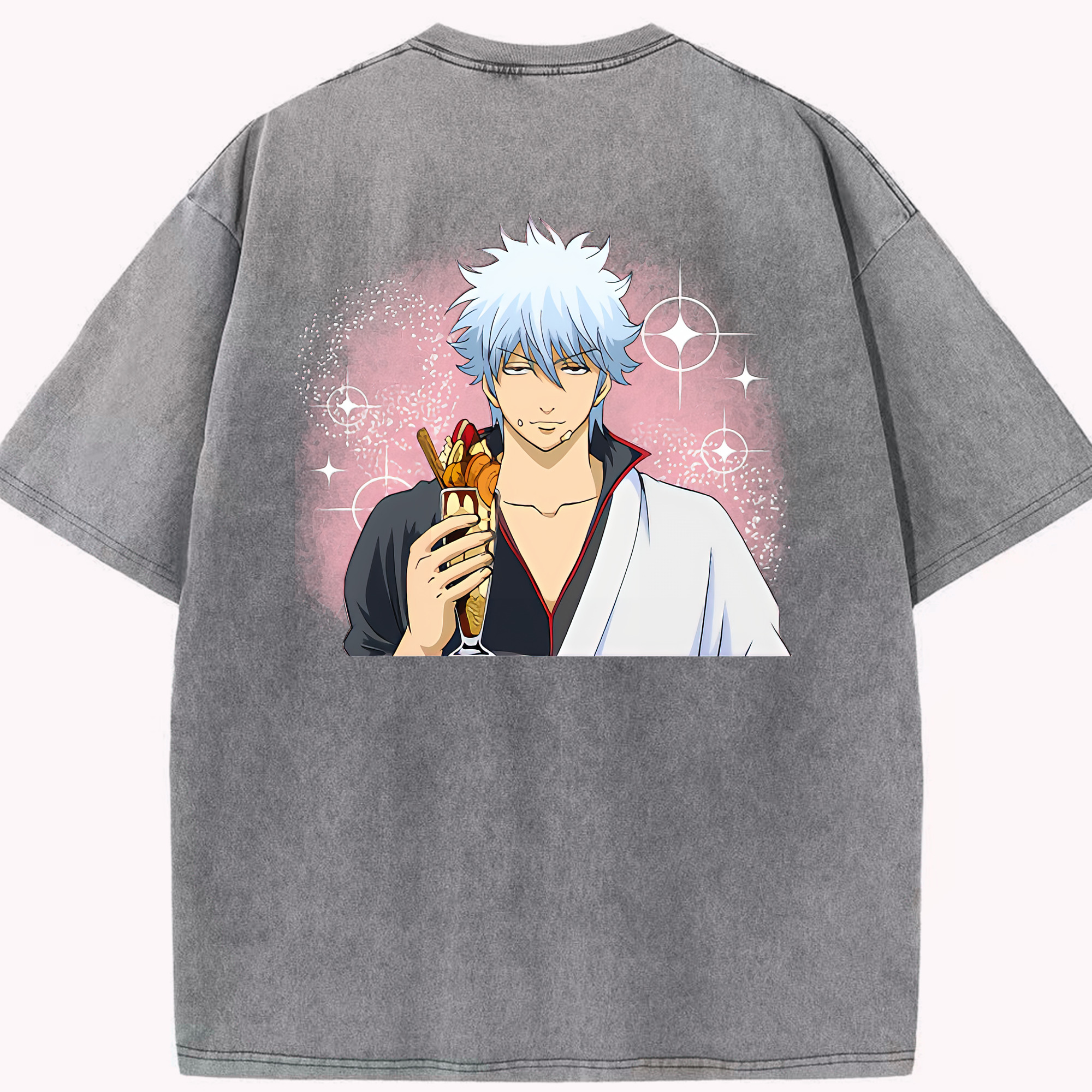 （画像用） ぎんたま 坂田銀時（さかたぎんとき） 神楽 志村新八（しむら しんぱち） GINTAMA Sakata Gintoki Kagura Shimura Shinpachi 綿100% ヴィンテージ風 半袖Tシャツ（背面プリント）