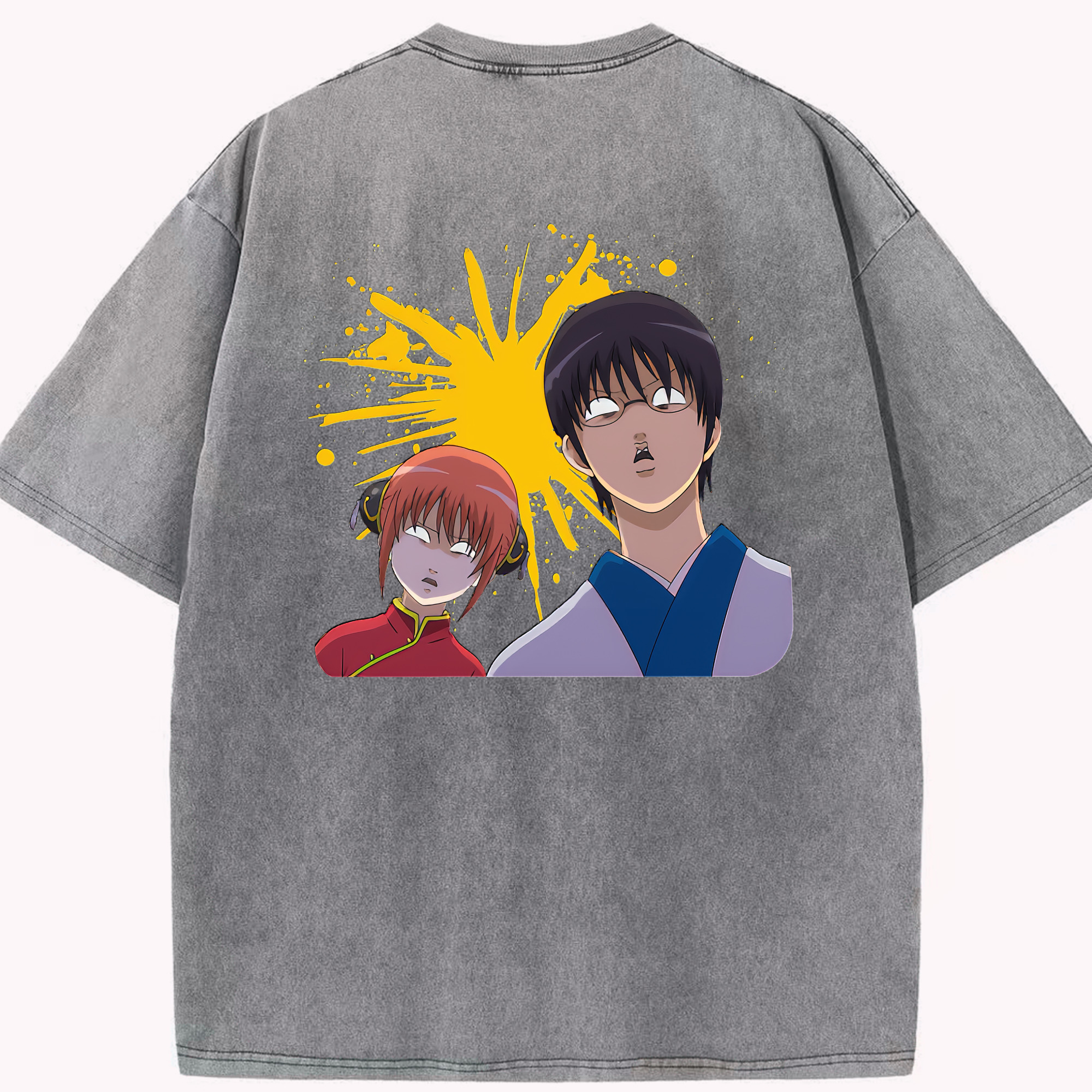 （画像用） ぎんたま 坂田銀時（さかたぎんとき） 神楽 志村新八（しむら しんぱち） GINTAMA Sakata Gintoki Kagura Shimura Shinpachi 綿100% ヴィンテージ風 半袖Tシャツ（背面プリント）